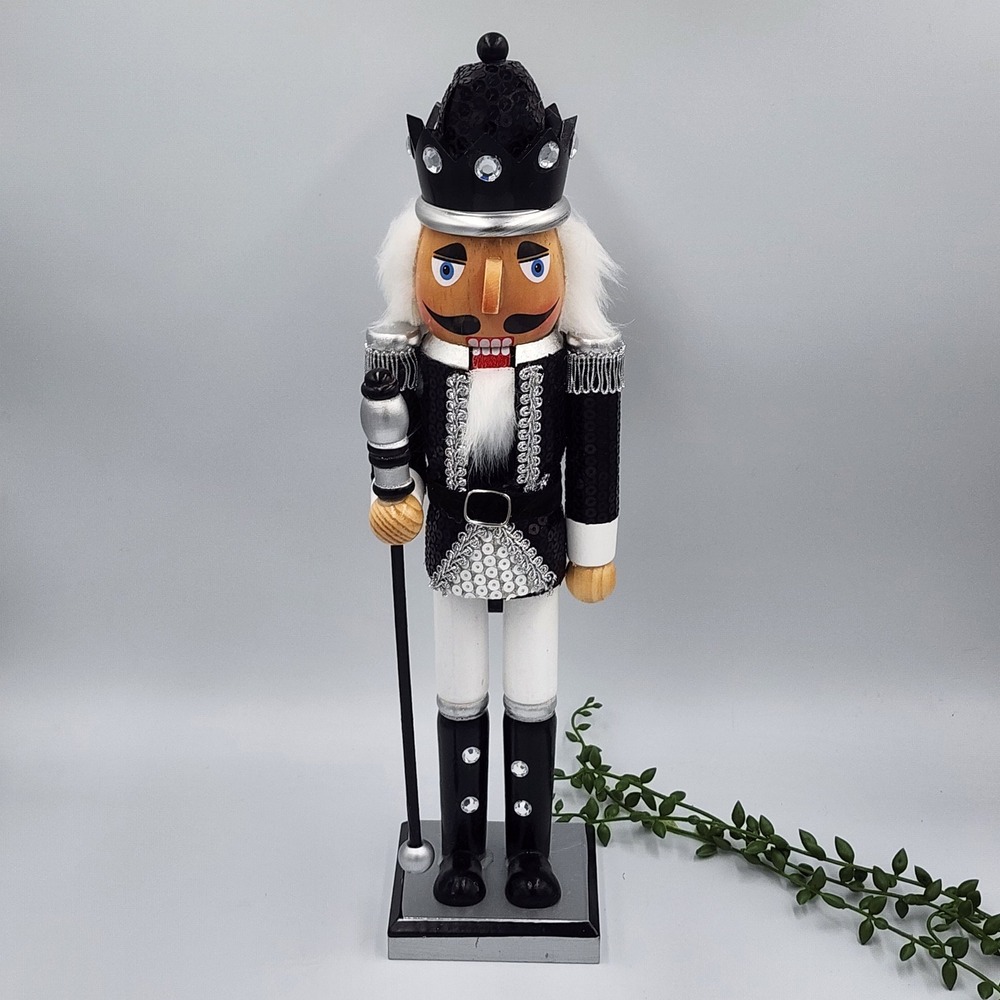 Black Silver King Guard Nutcracker Christmas Sequin Crown Wooden 15" Holiday - Picture 2 of 7